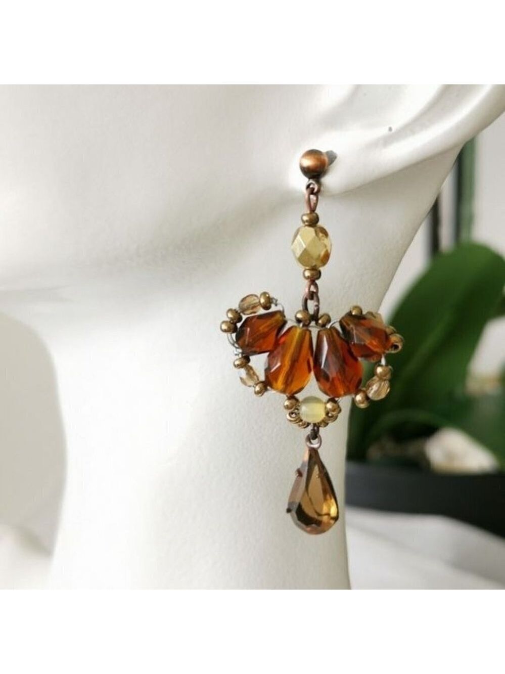 Vintage Czech Beaded Dangle Earrings Brown Gold